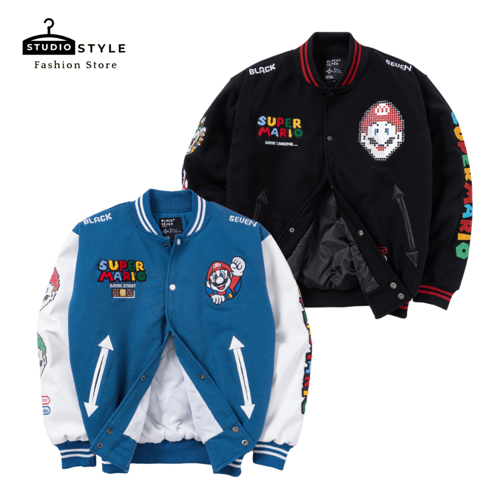 Varsity Jacket Super Mario Bros Unisex – Jaket Baseball Kekinian Pria Wanita Hitam Biru M