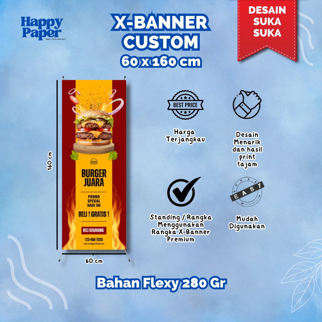 Cetak Stand Banner Custom Free Tiang | Cetak X-Banner custom Bahan Flexy 280 | Banner Promosi/Wisuda