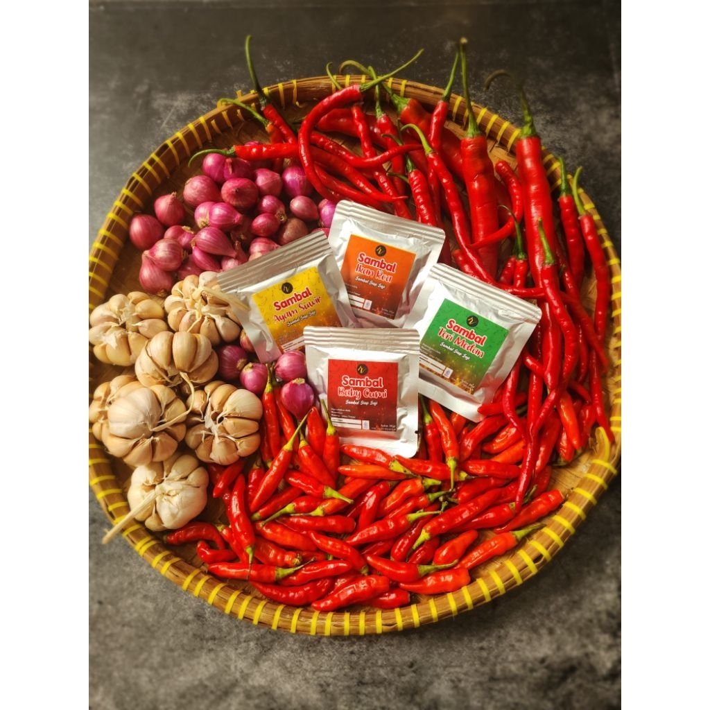 

Paket Sambal Sachet aneka lauk isi 4 sachet (mix varian: roa asap, teri medan, ayam suwir dan baby cumi)