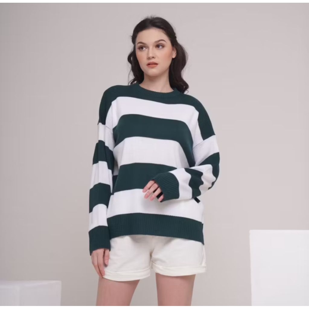 Sweater Rajut Clara Atasan Knitted Stripe Motif Garis