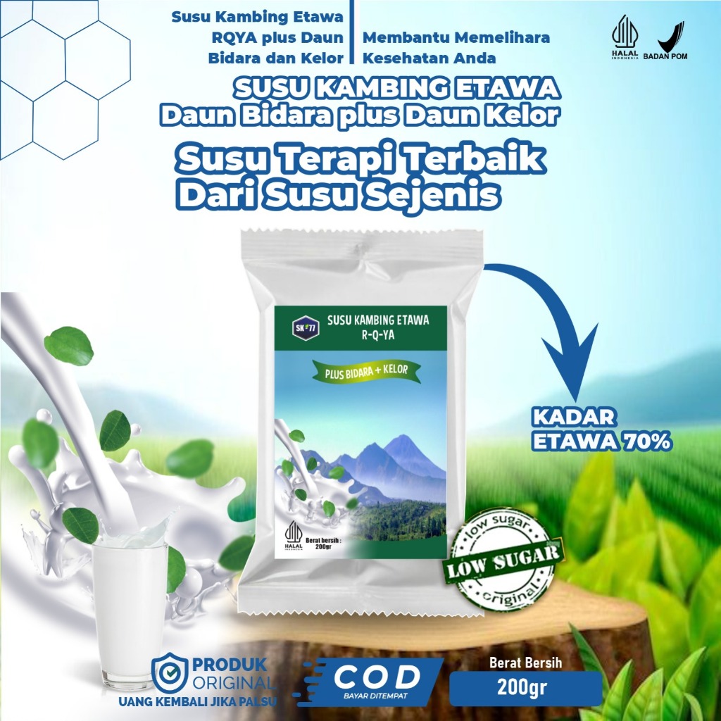 

RQYA SK-77 PLATINUM-Susu Kambing Etawa Bubuk 200gr Ekstrak Daun Bidara Dan Kelor Kadar Susu 70% Rasa Original Dan Cokelat Untuk Tulang Dan Saluran Pernafasan