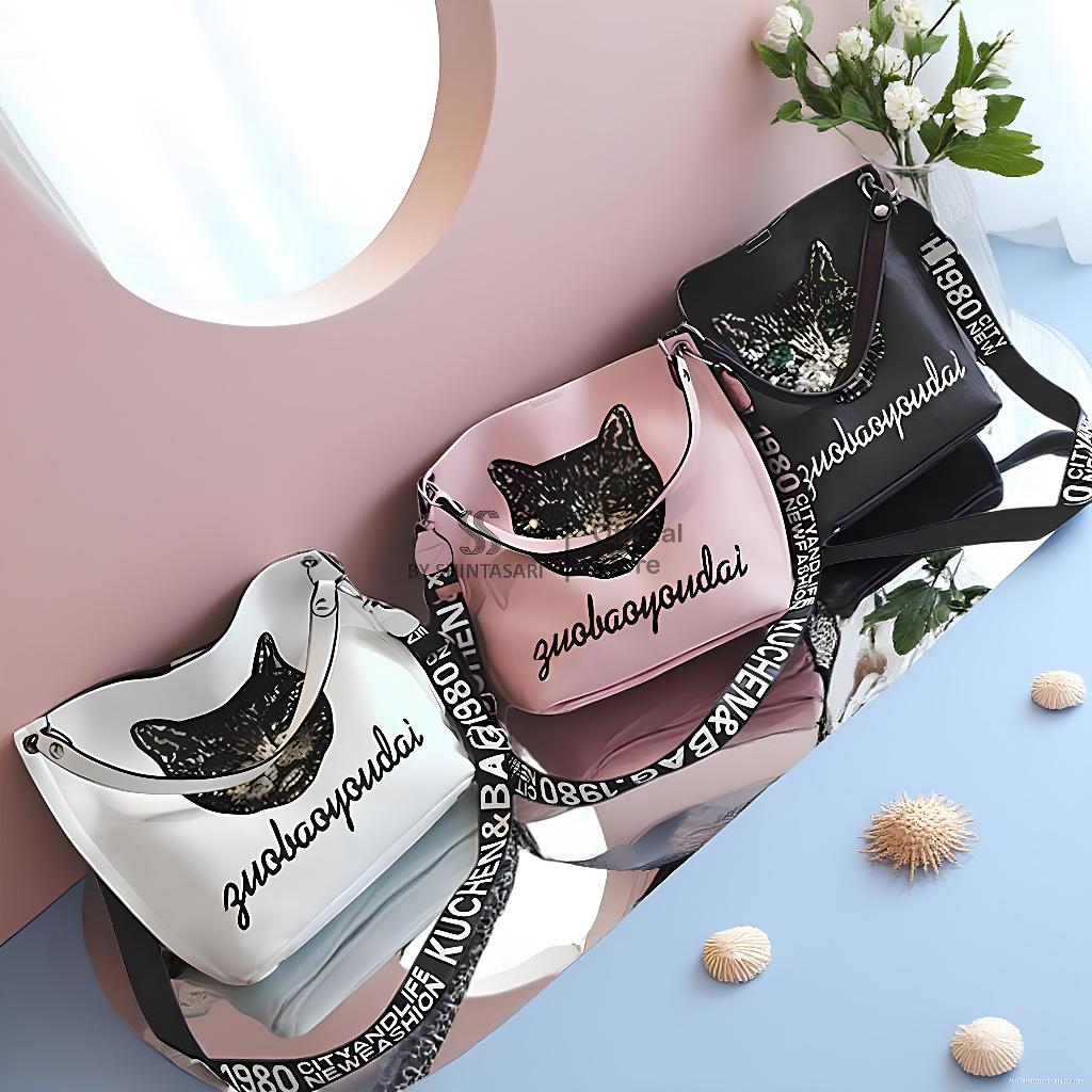 Tote Bags Import Wanita Tas Kapasitas Besar Motif Kucing Premium Ukuran 29 X 12 X 23 cm