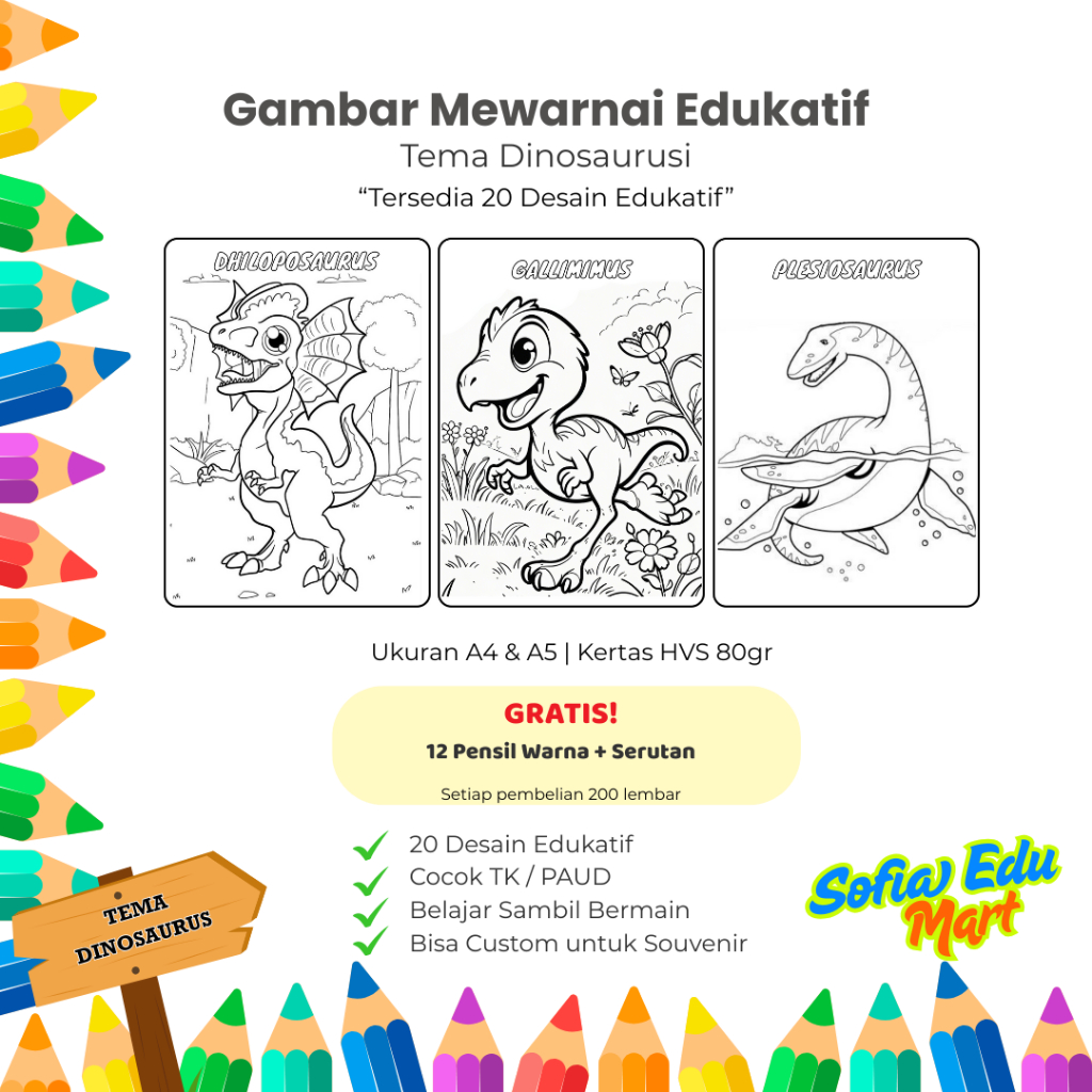 

Gambar Mewarnai Anak Tema Dinosaurus - Kertas HVS A4 dan A5 80 gr TK PAUD Usia 1-5 Tahun