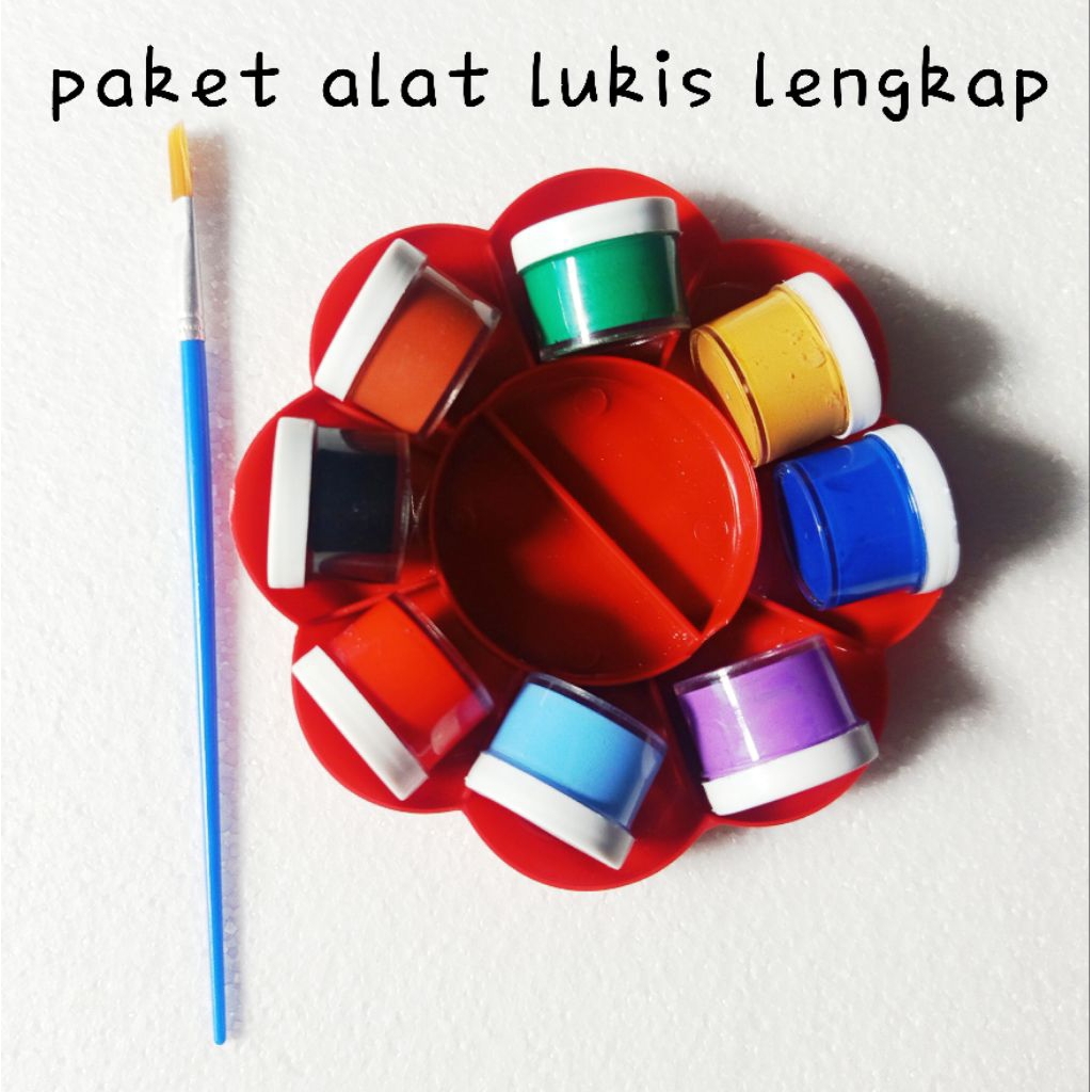 

PAKETAN ALAT MELUKIS TERMURAH, Palet cat + Kuas + 7 botol cat warna ukuran 10ml, Paketan Termurah, Cat Melukis Styrofoam