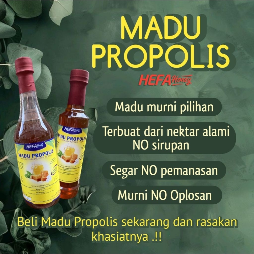 

Madu Propolis Madu Asli dan Murni, tanpa pemanasan, rendah kadar air, full nektar alami ukuran 500 gr dan 1000 gr