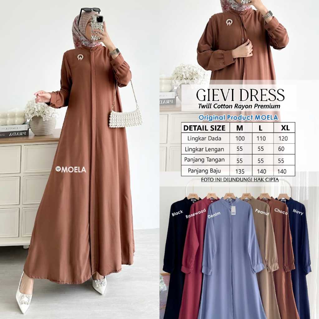 Gievi Dress by Moela Gamis Polos Premium Gamis Wanita Katun Twill Premium M L XL