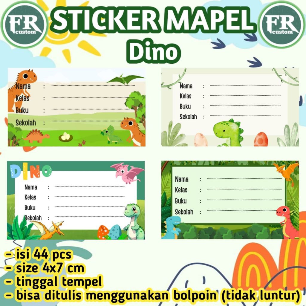 

44 pcs Sticker Mapel Tema Dino - Stiker Label Nama Buku Pelajaran Sekolah Terbaru