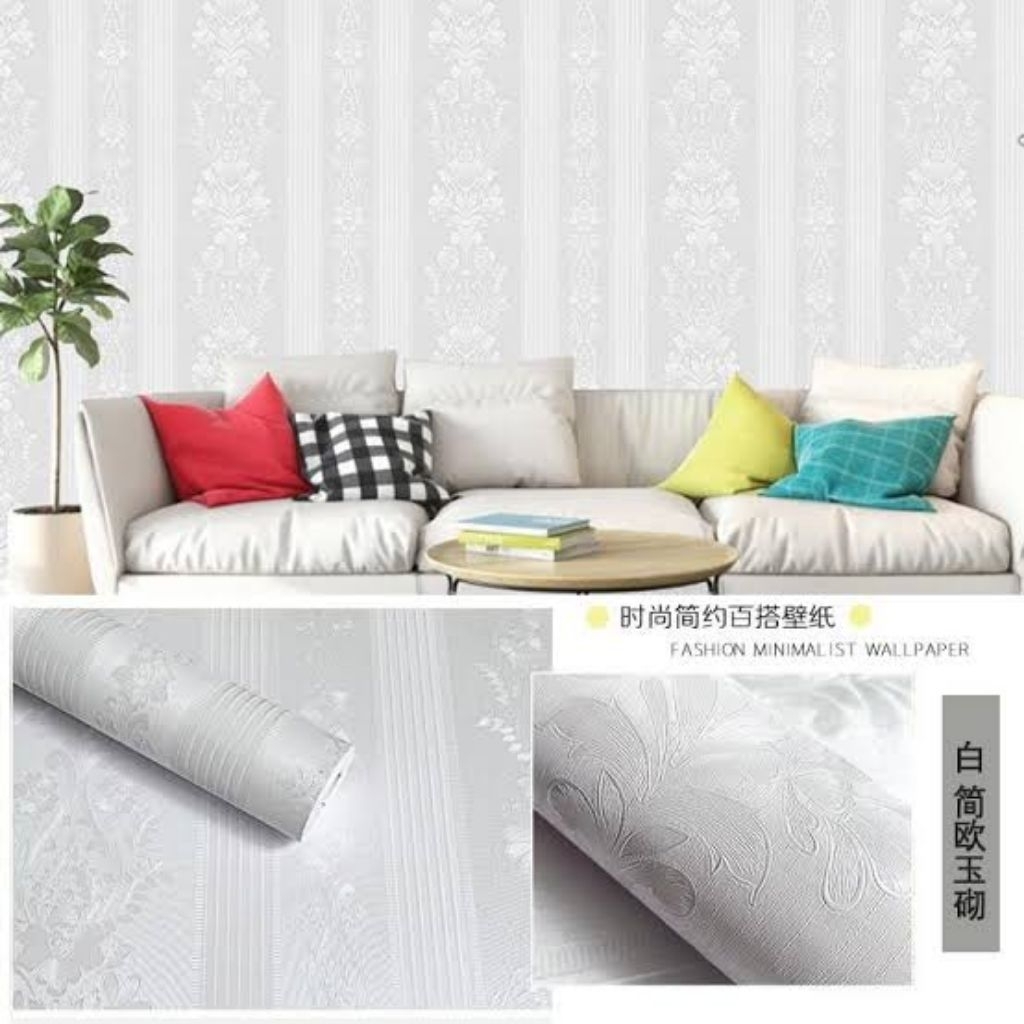 BAYAR DITEMPAT WALLPAPER Stiker Dinding Murah Motif Embos Salur Putih GH196