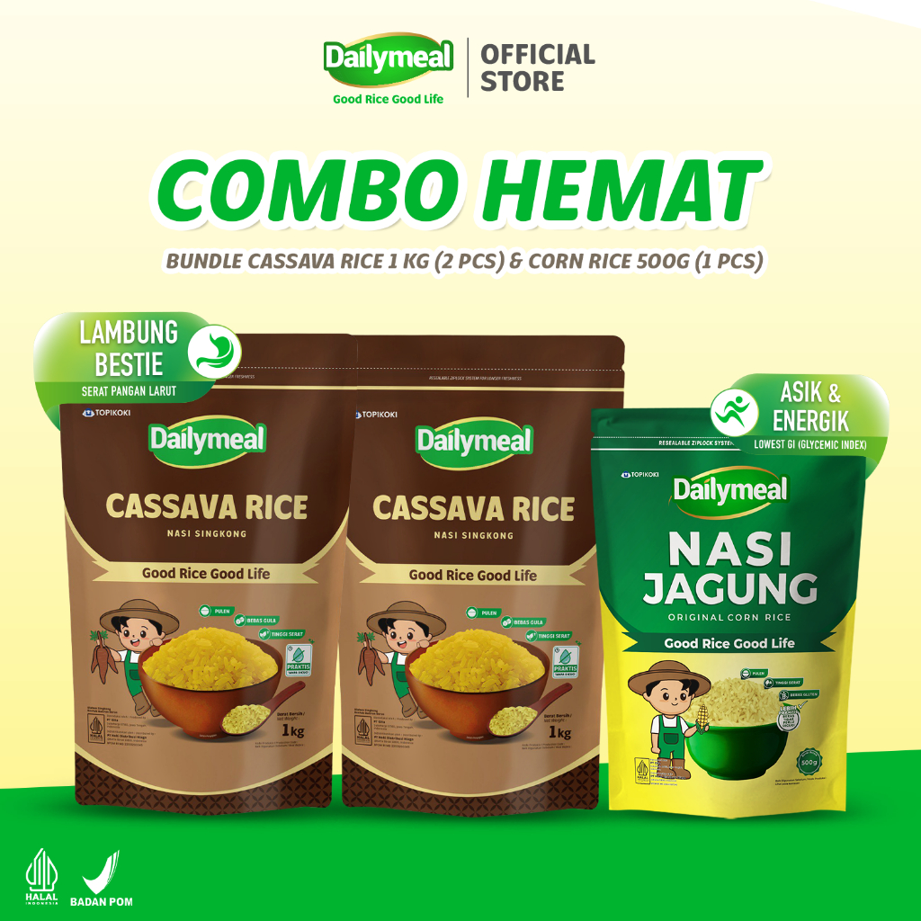 

[Keluarga Sehat] Dailymeal - Cassava Rice (Nasi Singkong) 1kg (2pcs) & Corn Rice (Nasi Jagung) 500g - Perpaduan Sehat untuk Pola Makan Aktif
