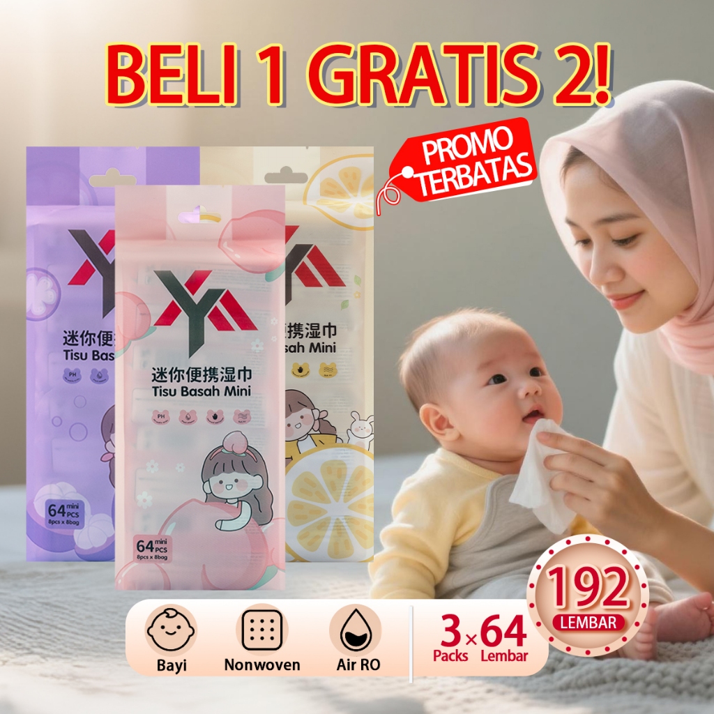 Tisu Basah Bayi Mini/Baby Wipes / 192 Lembar/Beli 1 Gratis 2 / Travel / 100% Pure Water / Tisu Basah Murah Non Alkhohol / Aman Bayi & Kulit Sensitif / Xym / Cod