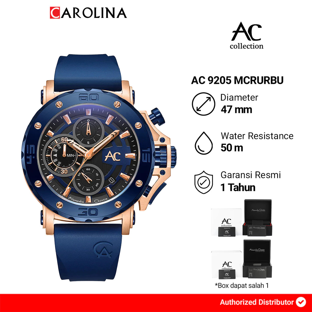Jam Tangan Pria Alexandre Christie AC 9205 MCRURBU Black Dial Blue Rubber Strap