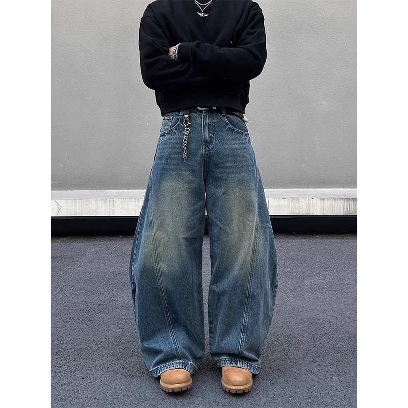 Jeans longgar biru retro Amerika untuk pria-Celana panjang lurus longgar Celana kaki lebar