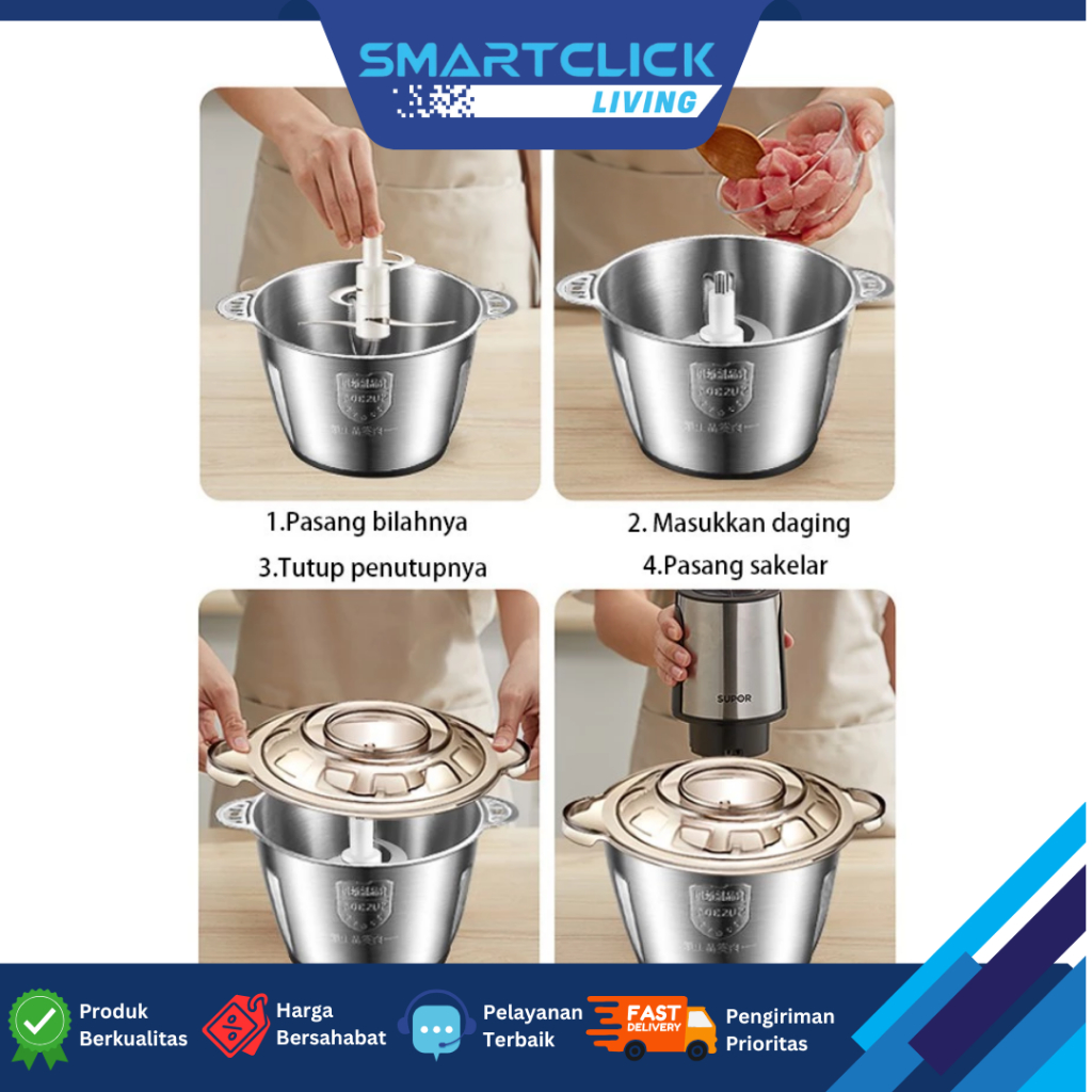 Blender Daging Serbaguna Stainless Steel Sus304 Chopper 2L Tahan Karat