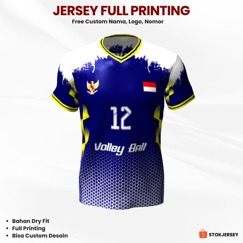 Kaos Jersey Volly Navy Putih Kuning Motif Abstrak Segitiga 247