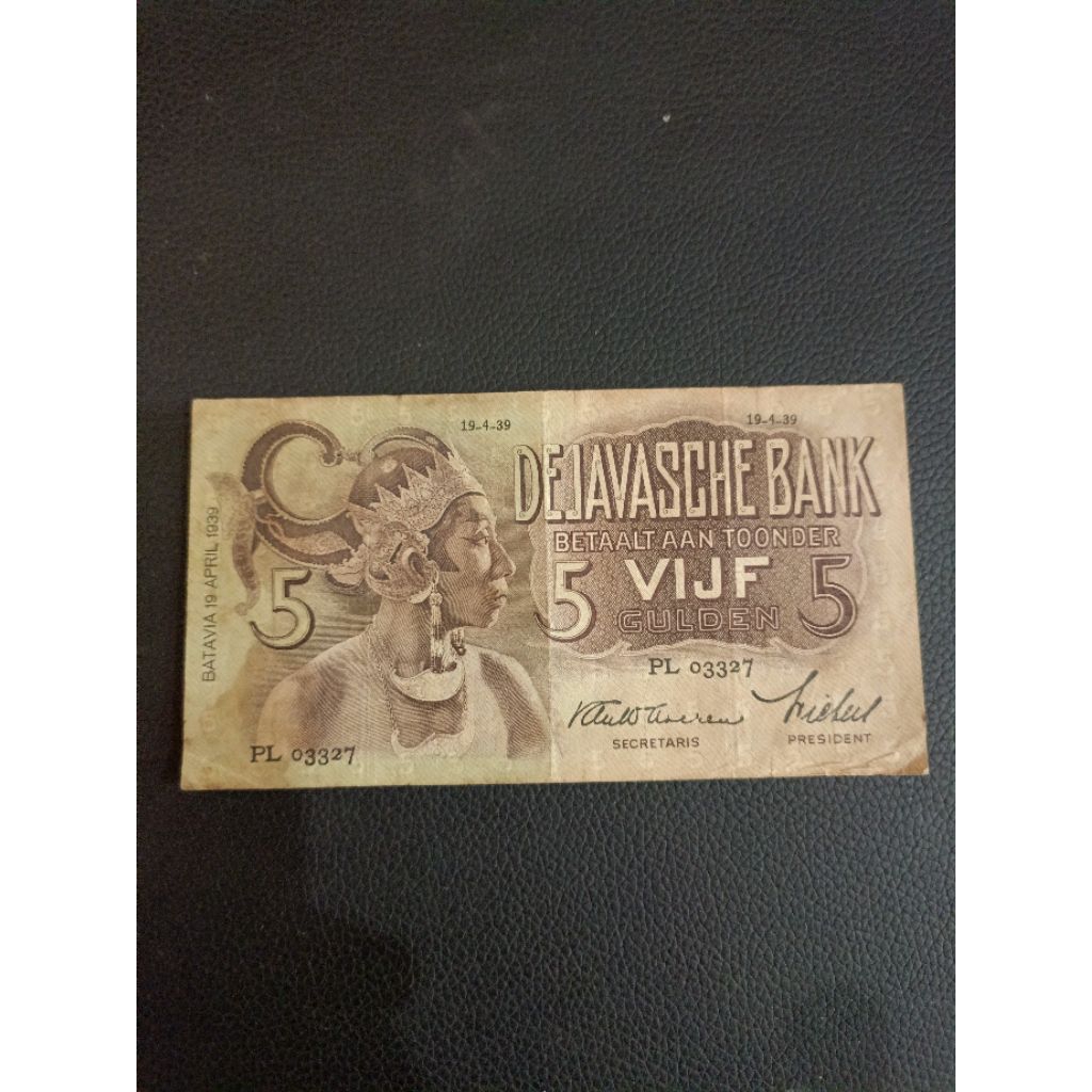 Uang kuno wayang 5 gulden thn 1939 PMG45 Ttd Smith seri PL03327