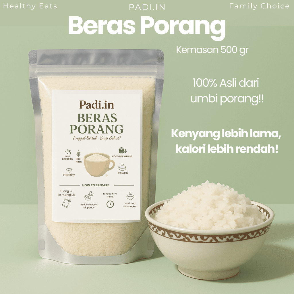 

Beras Porang PADI.IN 500gr – Shirataki Rice Rendah Kalori & Tinggi Serat | Diet Sehat Siap Seduh