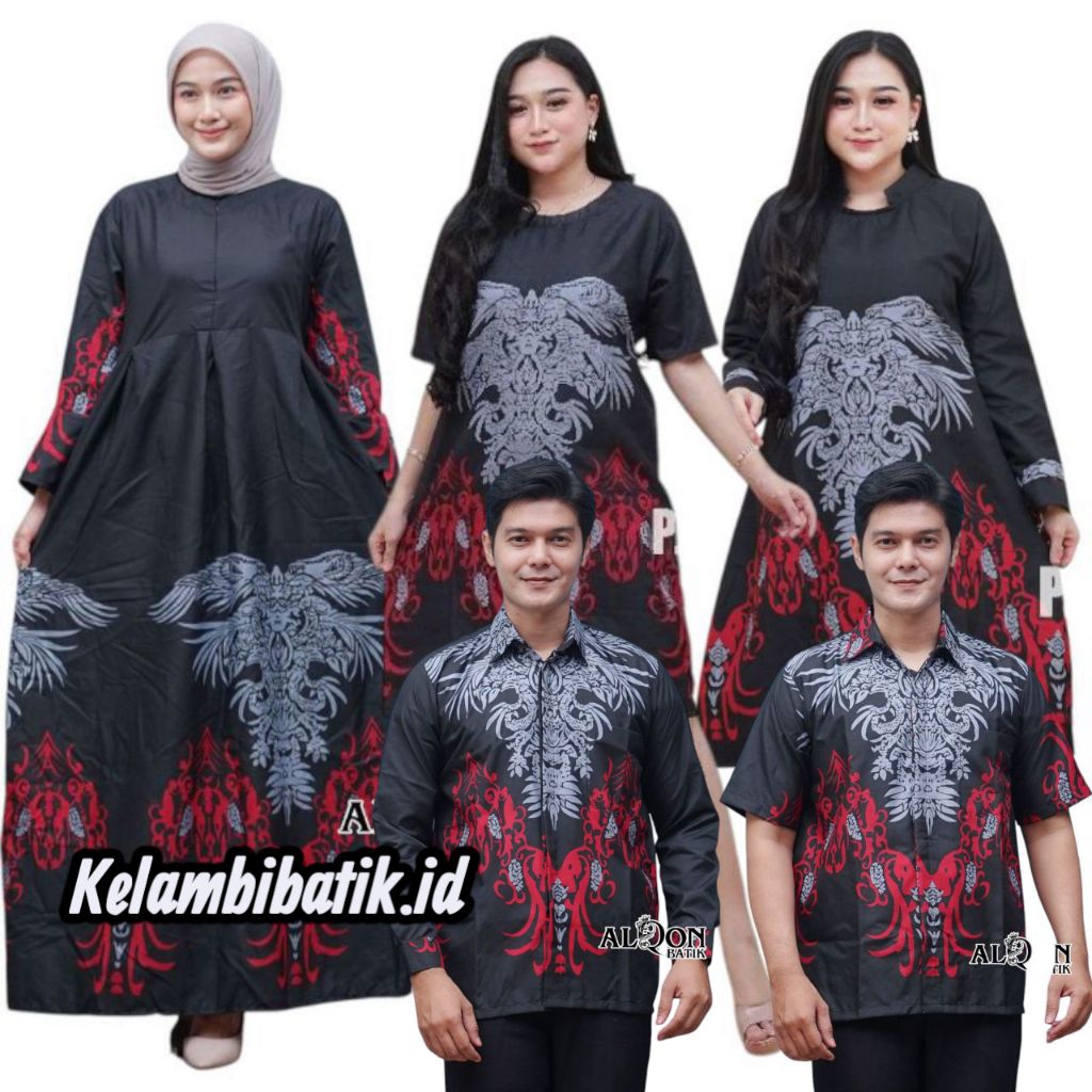 Setelan Couple Batik Modern Hitam Merah Motif Garuda - Baju Sarimbit Keluarga - Sarimbit Batik Kelua
