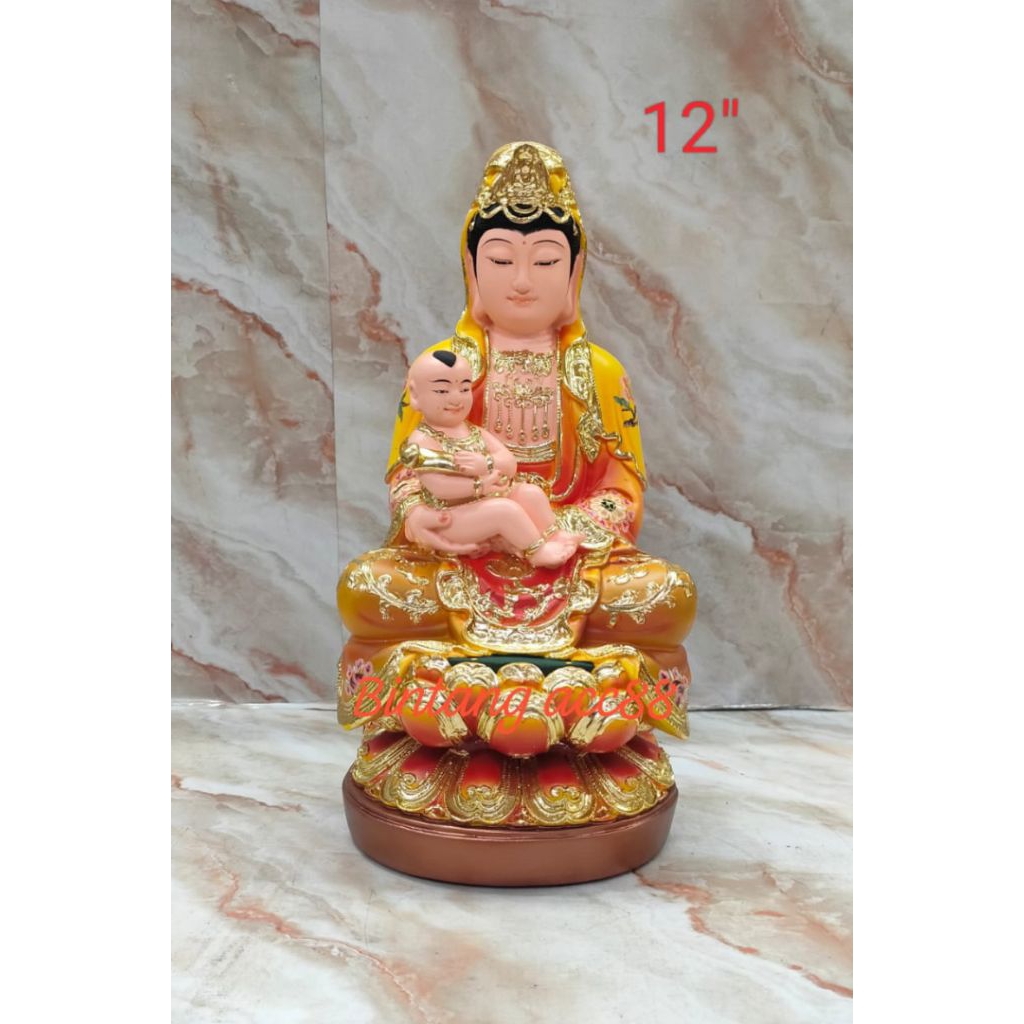 patung dewi kwan im / kwan in / guan yin - anak - fiber - 12inch