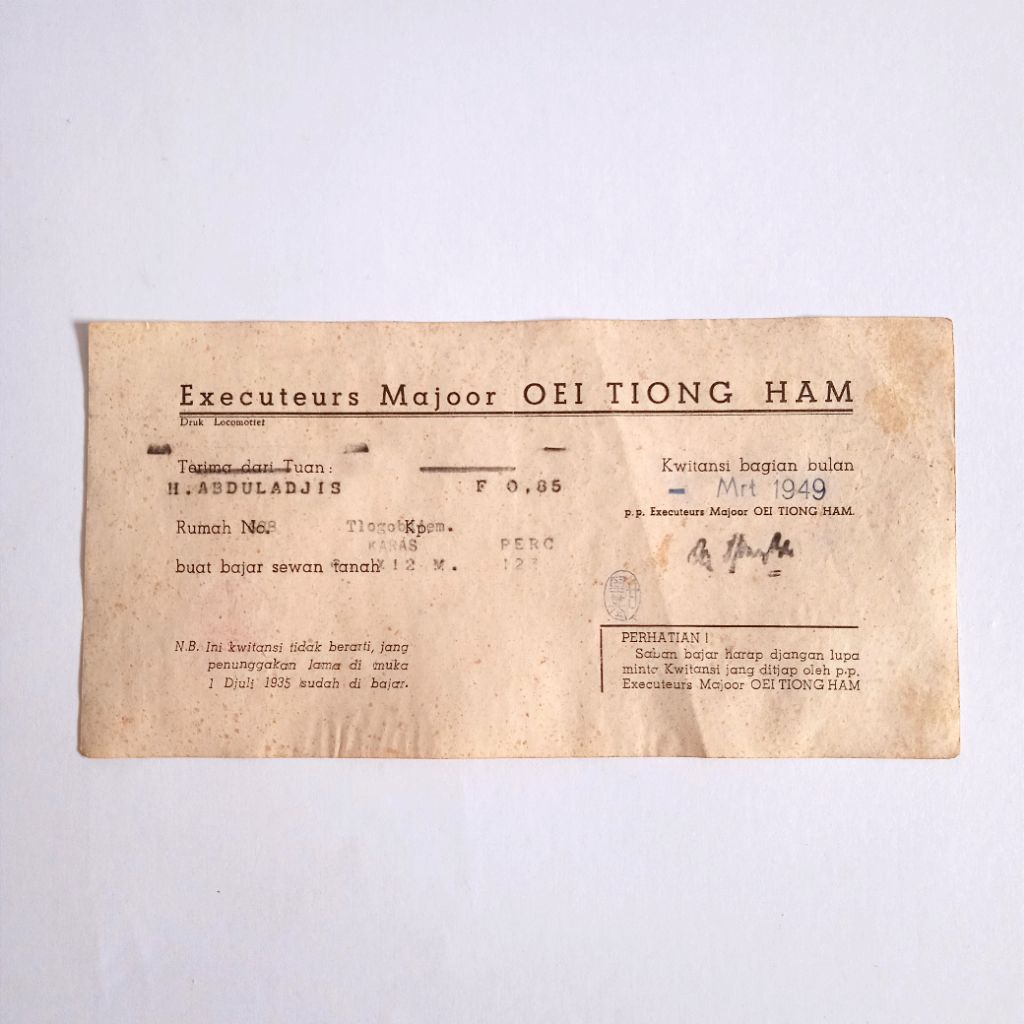 Antik Dokumen Lama Kwitansi Pembayaran Dari Executeurs Majoor Oei Tiong Ham Semarang Maret 1949 Tua 
