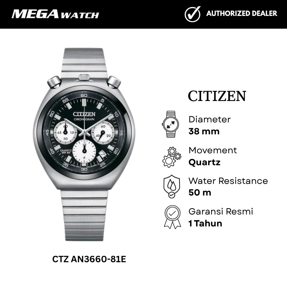 Jam Tangan CITIZEN Pria Original Bullhead Black Panda CTZ AN3660-81E Tsuno Chrono