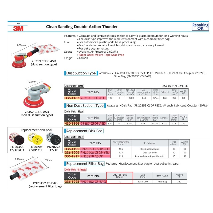 3M Double Action Sander Dust Collection Type 20319 CSDS ASD