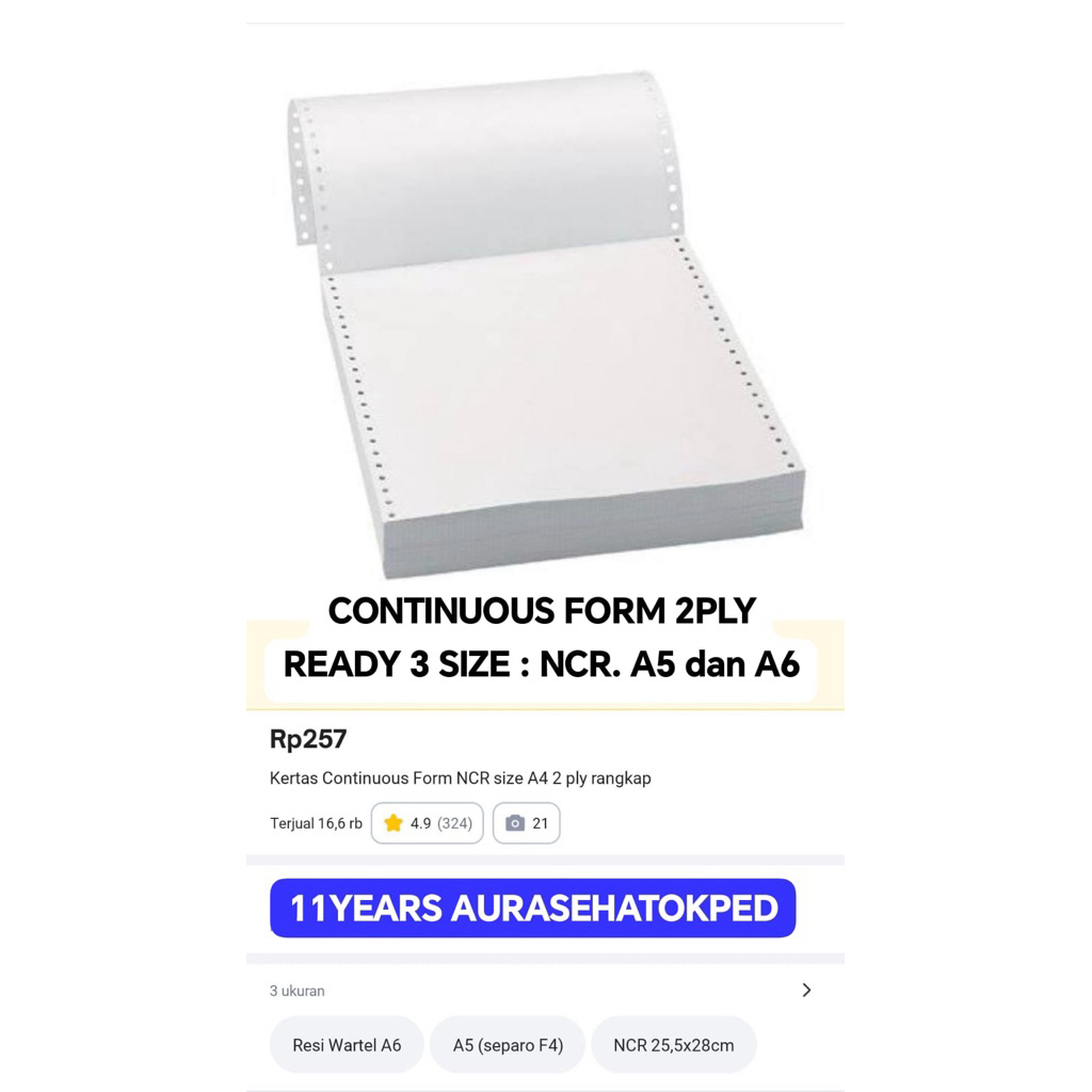 

KERTAS KOMPUTER CONTINUOUS FORM 2 PLY RANGKAP 2 SIZE NCR A5 A6 ECERAN