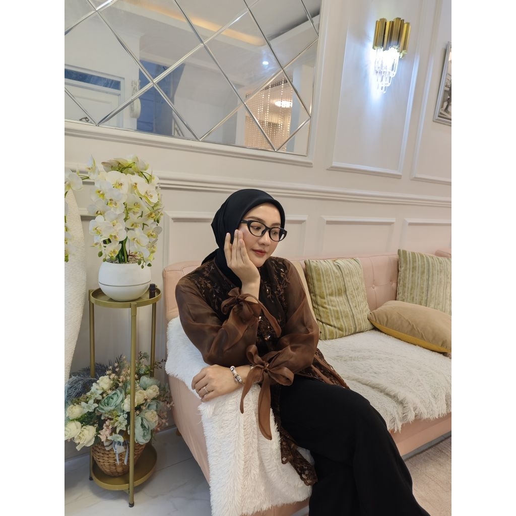 LD 110 Camellia Outer Brukat Organza Mewah Warna Coklat Mahogany Brokat Modern Payet Baju Pesta Kond