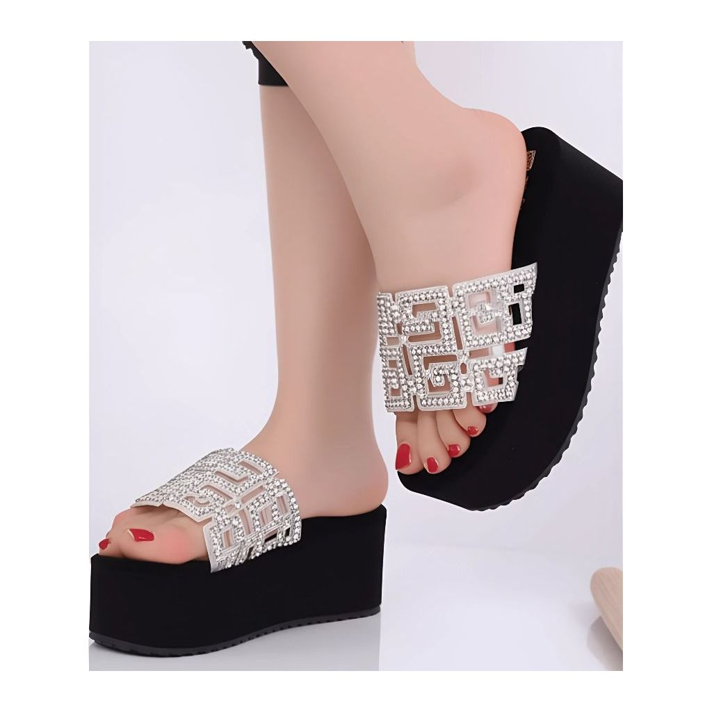 Sendal Wedges Wanita Tali Full Permata Aestetic Terlaris / Sendal Cantik  Cewek Model Kekinian 7Cm