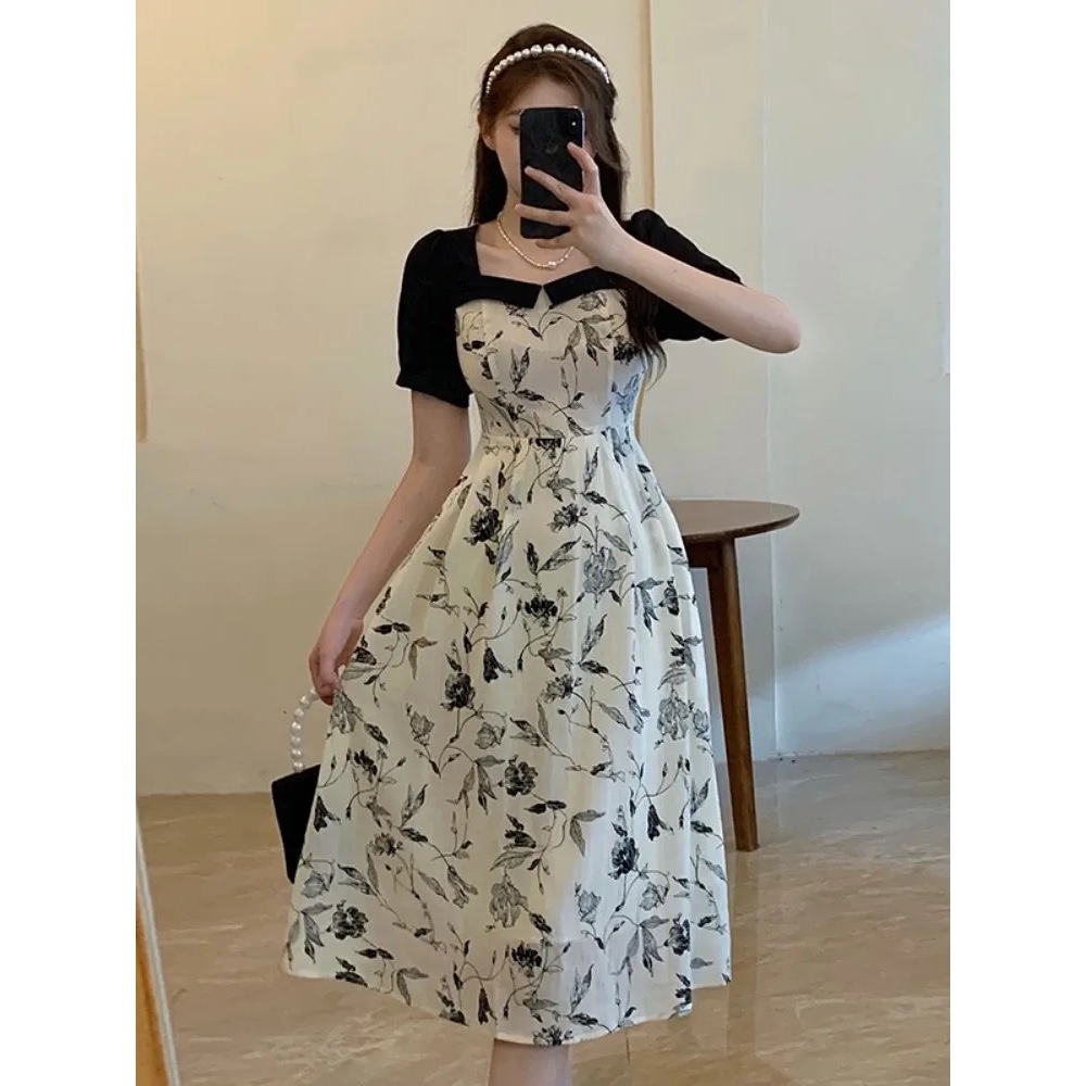 French Fairy Long Dress Hitam Wanita Korean Style Panjang Flowy Daily Dress Pesta Mewah Fashion Dinn