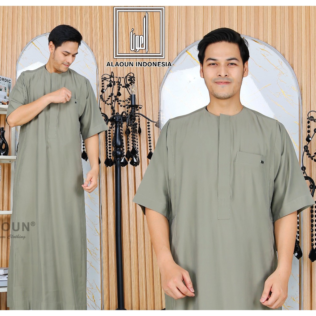 Gamis Pria / Jubah Pria Dewasa Warna Hijau Army Bahan TR Premium Korea Premium Slim Fit Lengan Pende