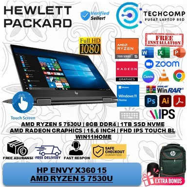 LAPTOP BARU HP ENVY X360 AMD RYZEN 5 7530U RAM 8GB 512GB SSD FHD IPS TOUCH BACKLIT WIN 11 ORIGINAL
