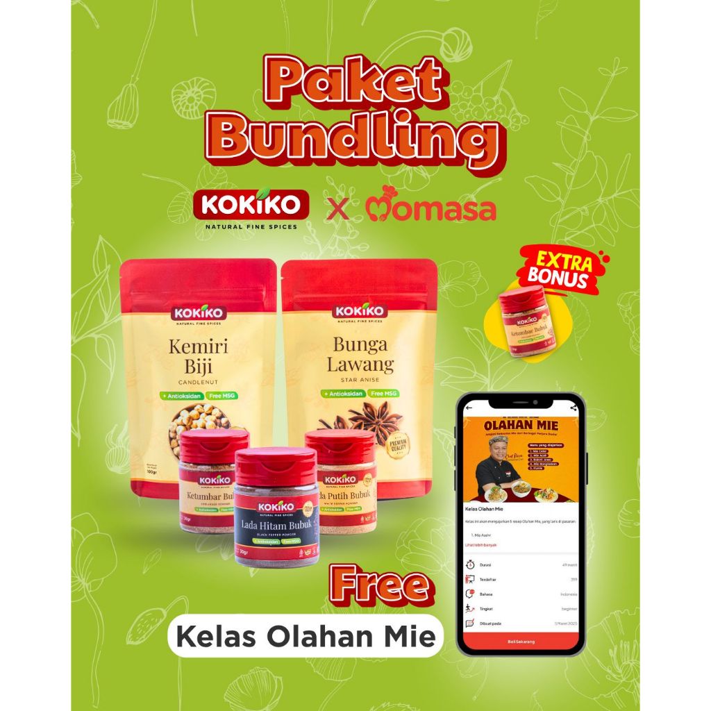 

⁠Kokiko Bundling Bumbu Olahan Mie (Lada hitam bubuk, Lada putih bubuk, Ketumbar bubuk, Biji Kemiri, Bunga Lawang) X Kelas Olahan Mie
