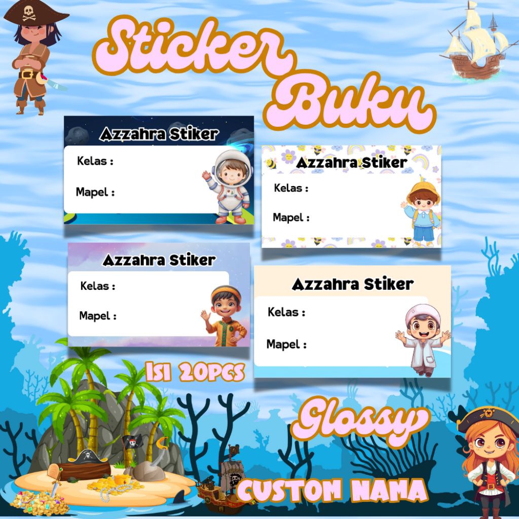 

CV 3/Stiker buku tulis tema boy muslim/ney label buku/ glossy isi 20pcs/ custom nama saja