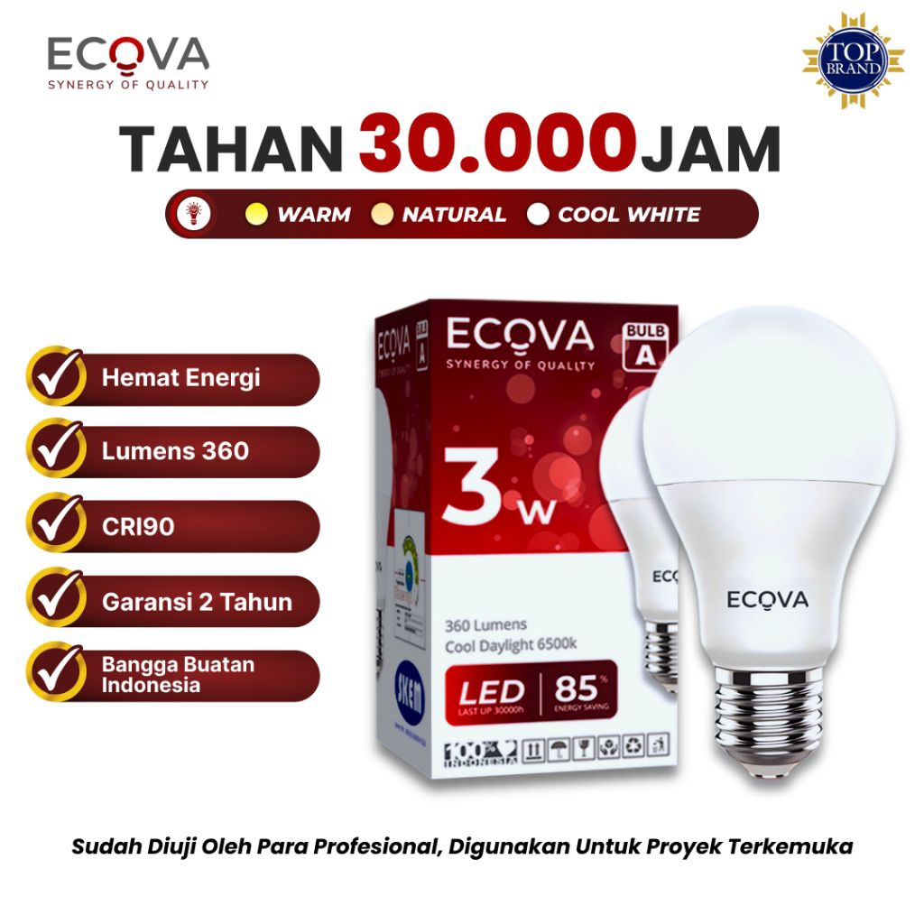 ECOVA - Lampu 3 Watt A Bulb LED Putih 6500K | Natural 4000K | Kuning 3000K