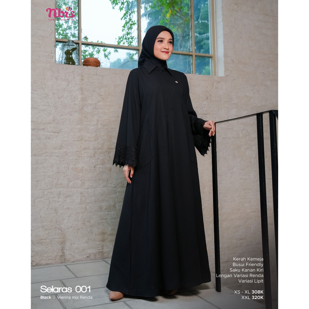Nibras Selaras 001 Gamis Abaya Hitam  Gamis Hitam Polos Variasi Renda Lengan | Gamis Kondangan |