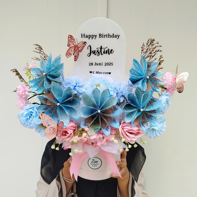 Buket Uang Akrilik Bloombox bunga artificial Buket Uang Wisuda Keranjang Money bouquet Graduation / 