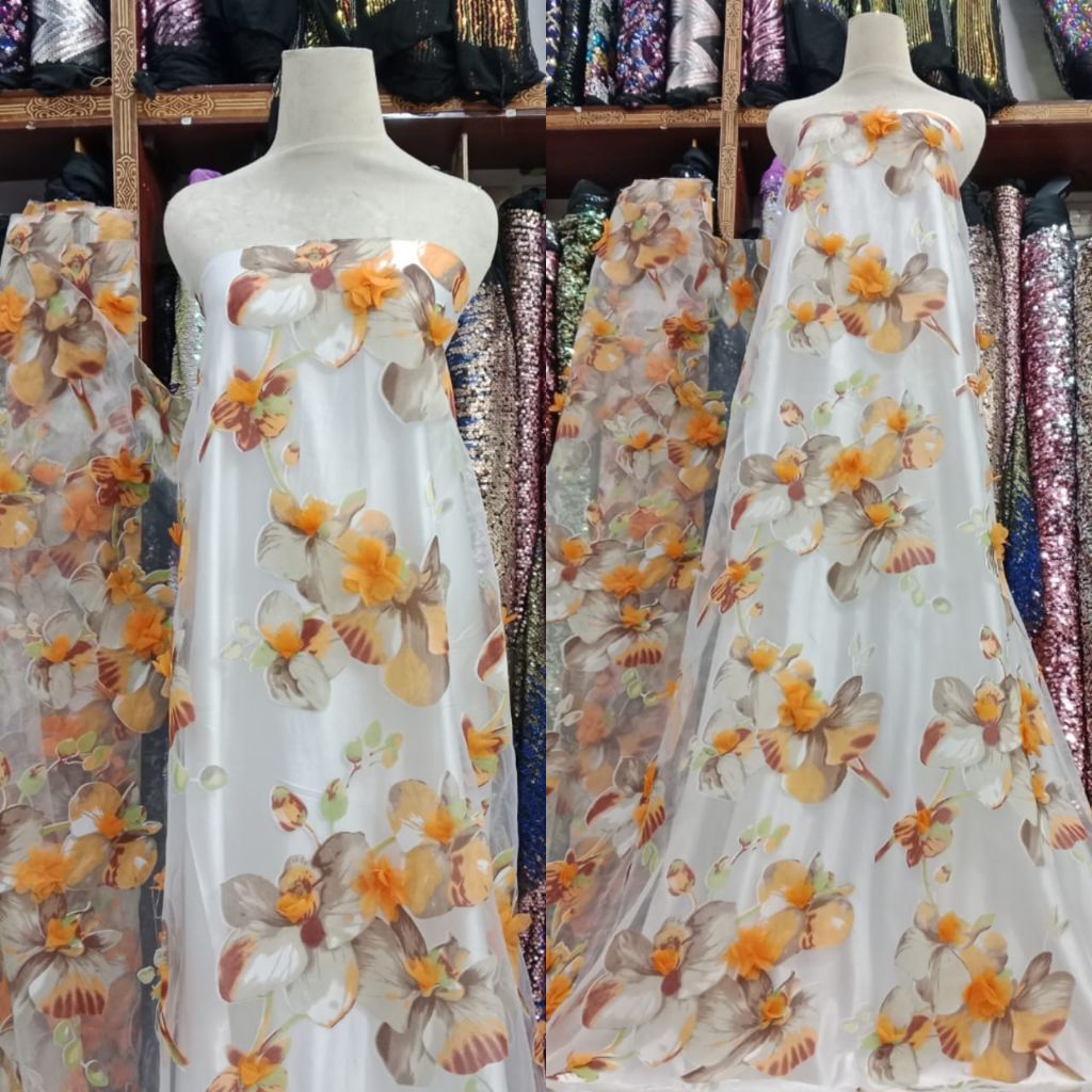Kain Organza tridy bunga 3D super premium kain organza tridy mewah