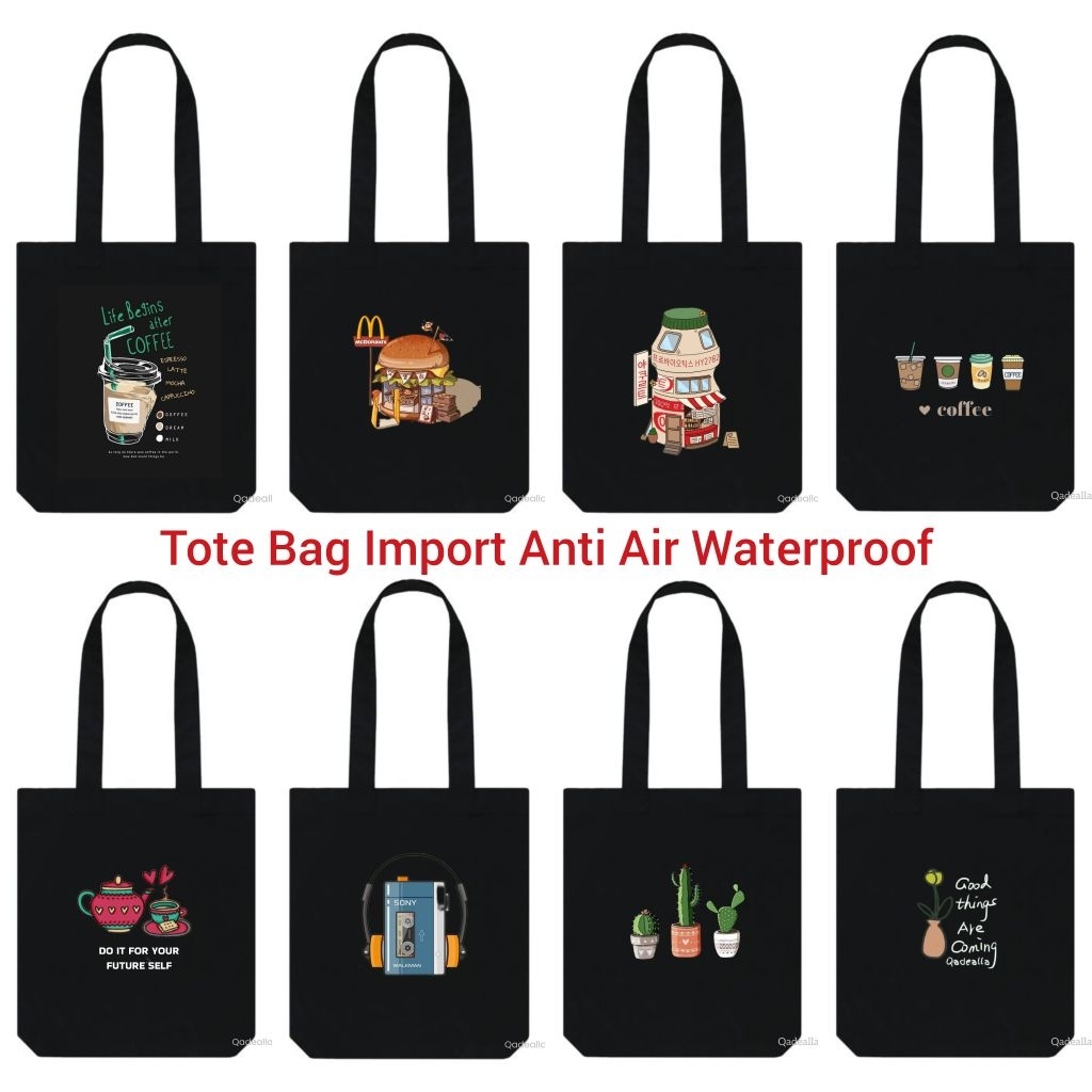 Tas Tote Bag Kanvas Hitam Anti Air Resleting Import Tas Wanita Pria Totebag Aesthetic