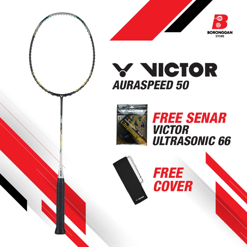 Raket Badminton Victor Auraspeed 50 + Bonus Senar Victor Ultrasonic 66 + Cover Beludru Victor | Bulu
