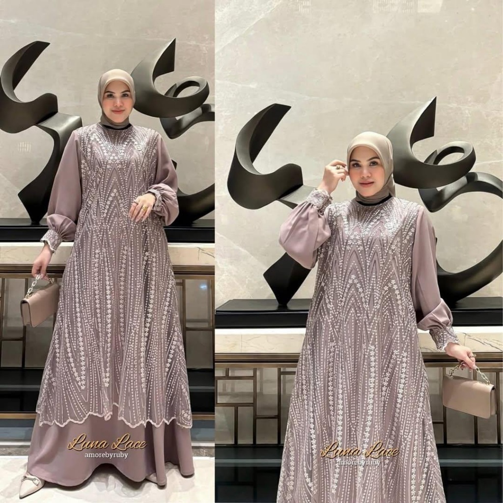 Luna Maxi Dress Brokat Ceruty Full Puring Mewah Gamis Pesta Kondangan Murah Wanita Dewasa Simple Ele