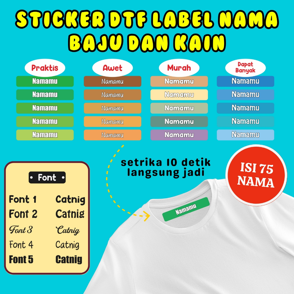

Sticker Kain 75 Pcs Nama Custom Warna setrika sablon baju custom sablon nama Label Baju