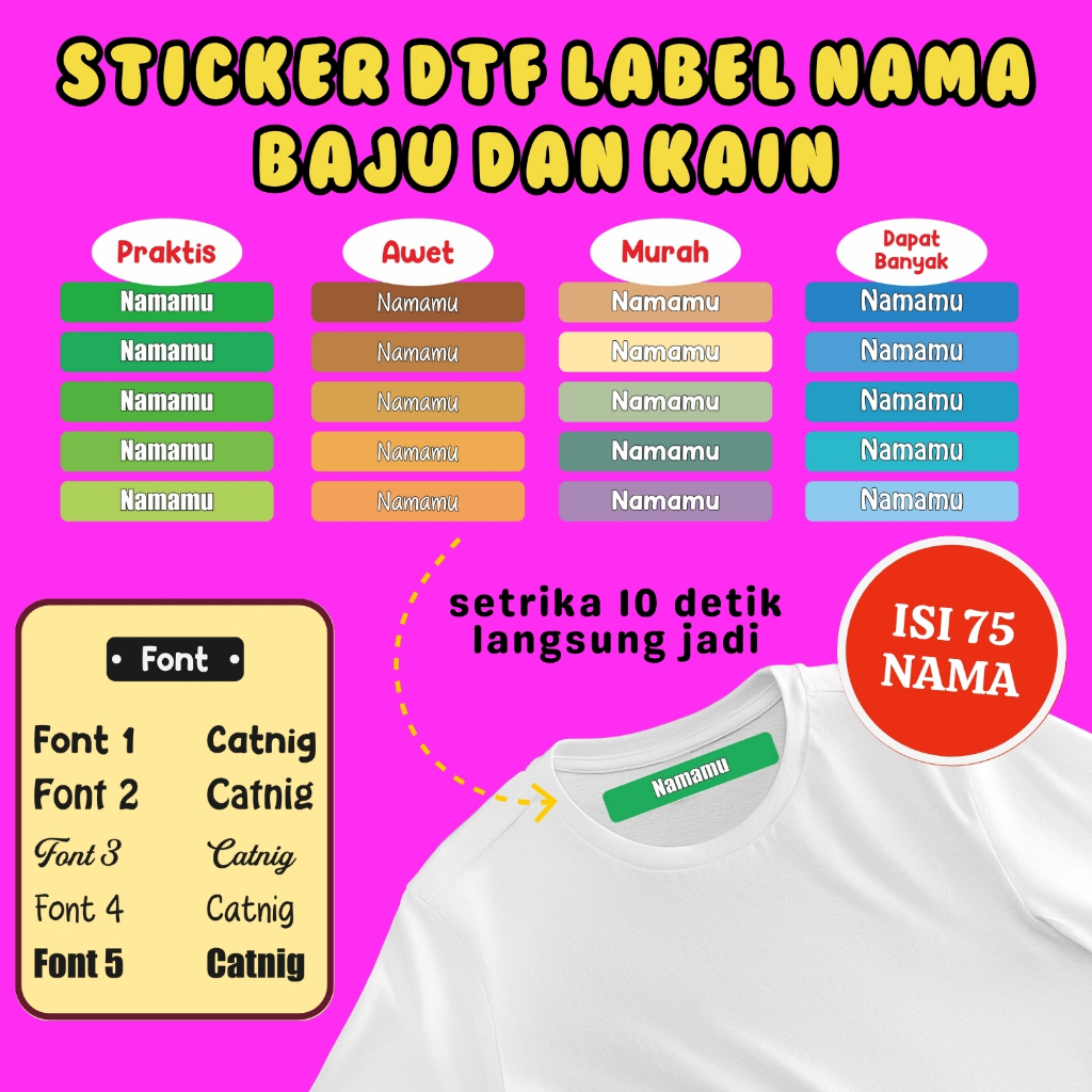 

Sticker Kain 75 Pcs Custom Nama Warna setrika sablon baju custom sablon nama Label Baju