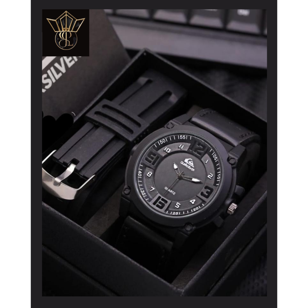 Jam Tangan Pria Tali Kulit Quiksilver sporty casual and dating Free Strap Rubber + Box Jam Tangan