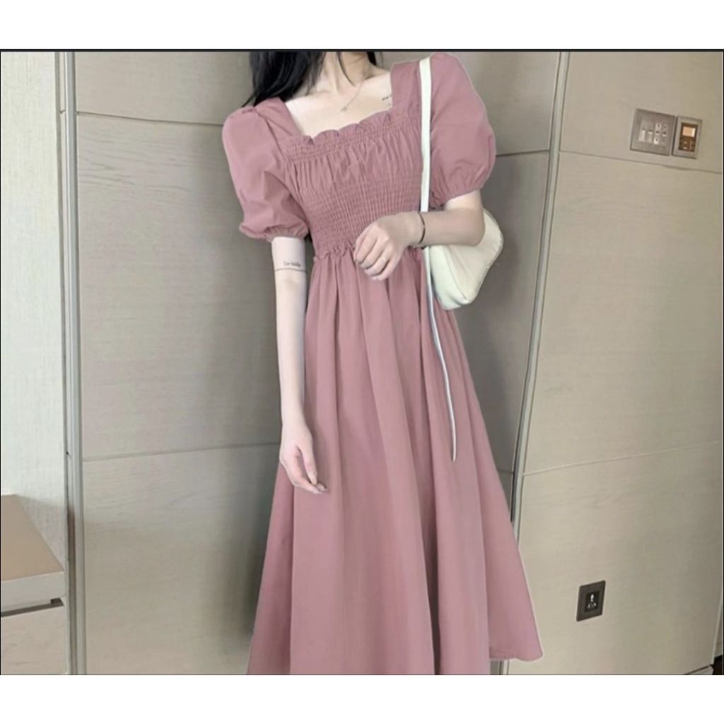 korean midi puff sleeve | square neck dress