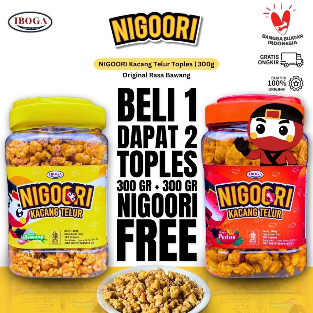 

[BELI 1 BAWANG GRATIS 1 PEDAS] KACANG TELUR - MIX TOPLES 300 gram, Nigoori Camilan Kacang Telur, Original Rasa Bawang Pedas