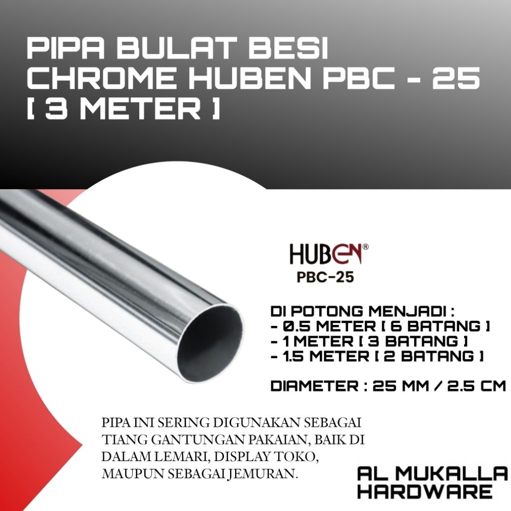 [ 3 Meter ]  Pipa Bulat Besi Chrome Huben PBC - 25 MM | Pipa Gantungan Baju / Lemari