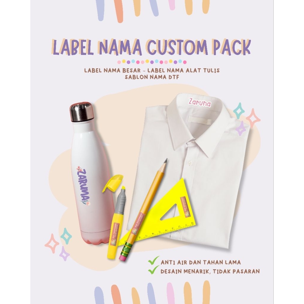 

Label Nama Custom Pack by Paama | Sticker & Sablon DTF Nama Anak Custom untuk Alat Tulis & Perlengkapan Sekolah | Free Custom Nama