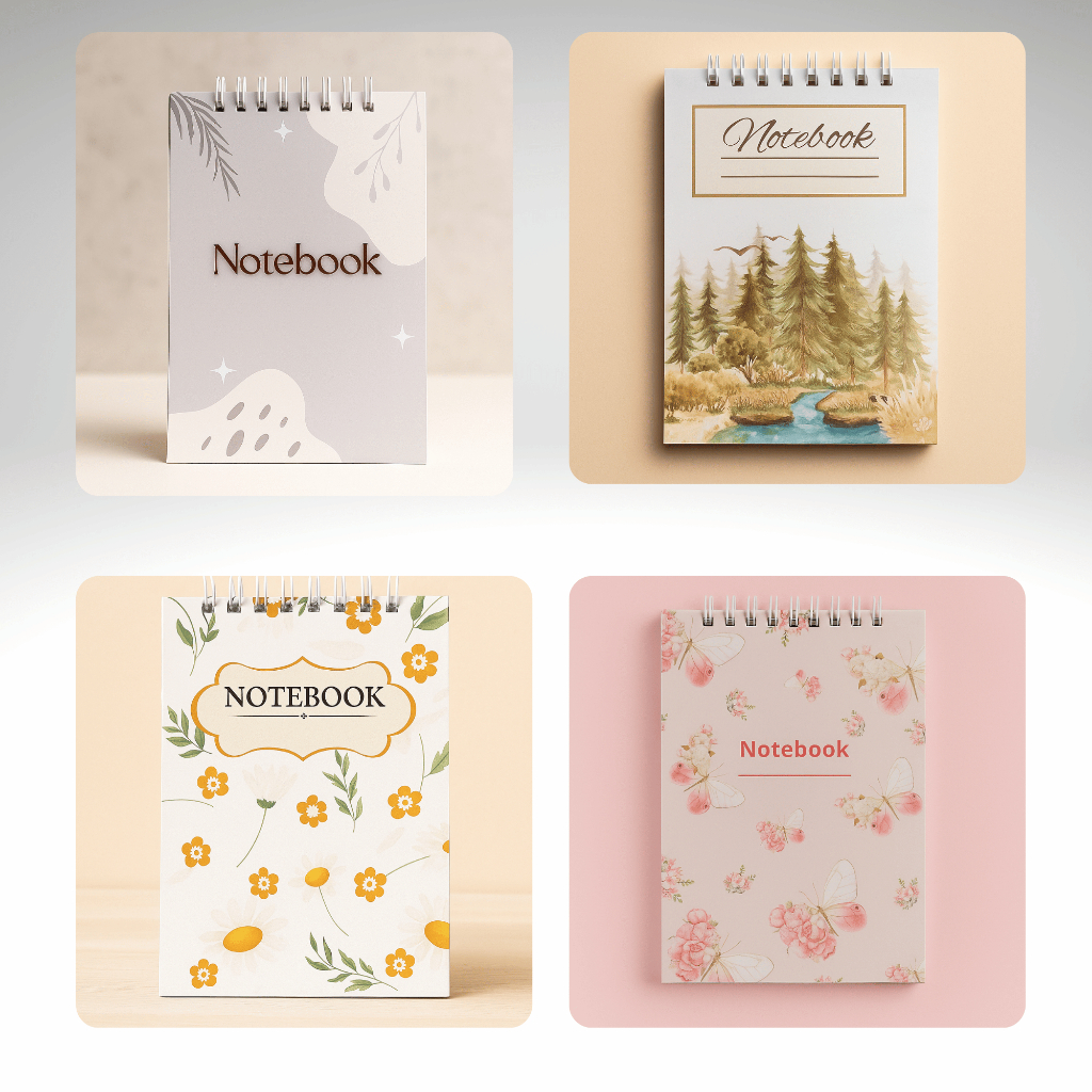 

Notebook ukuran saku 10.5x15 cm dengan berbagai motif lucu, estetik, dan elegan.