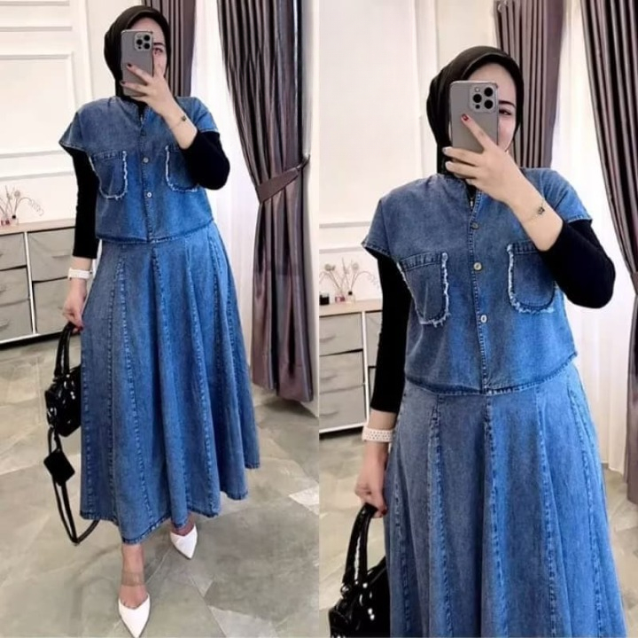 Setelan Wanita Kekinian Terbaru Viral Milana Set WD Size M L XL XXL XXXL Bahan Jeans One Set Rompi d
