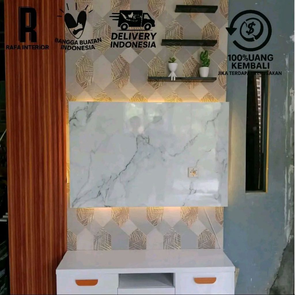 Backdrop TV dengan Lampu LED | Kayu Marmer Furniture